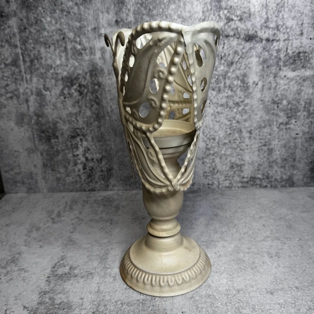 Cream Metal Butterfly Pillar Candle Holder Pedestal Distressed Shabby Chic